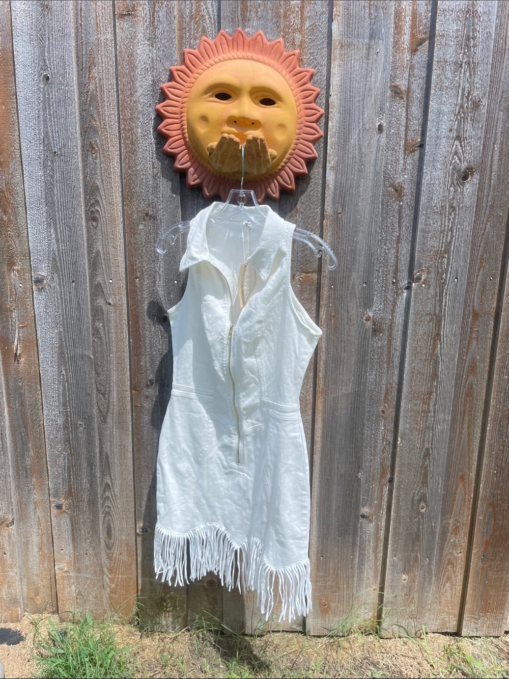 Sleeveless White Fringe Midi Dress with Zip Front